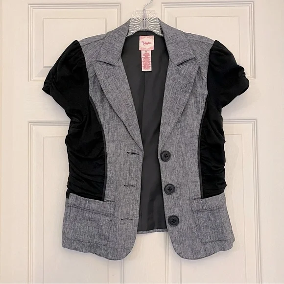 🌸3/$25 Candies Linen Blend Black & Gray Blazer Jacket with Ruching Detail Size M - Picture 15 of 16